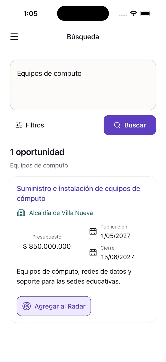 Búsqueda de oportunidades en la app de ConstancIA