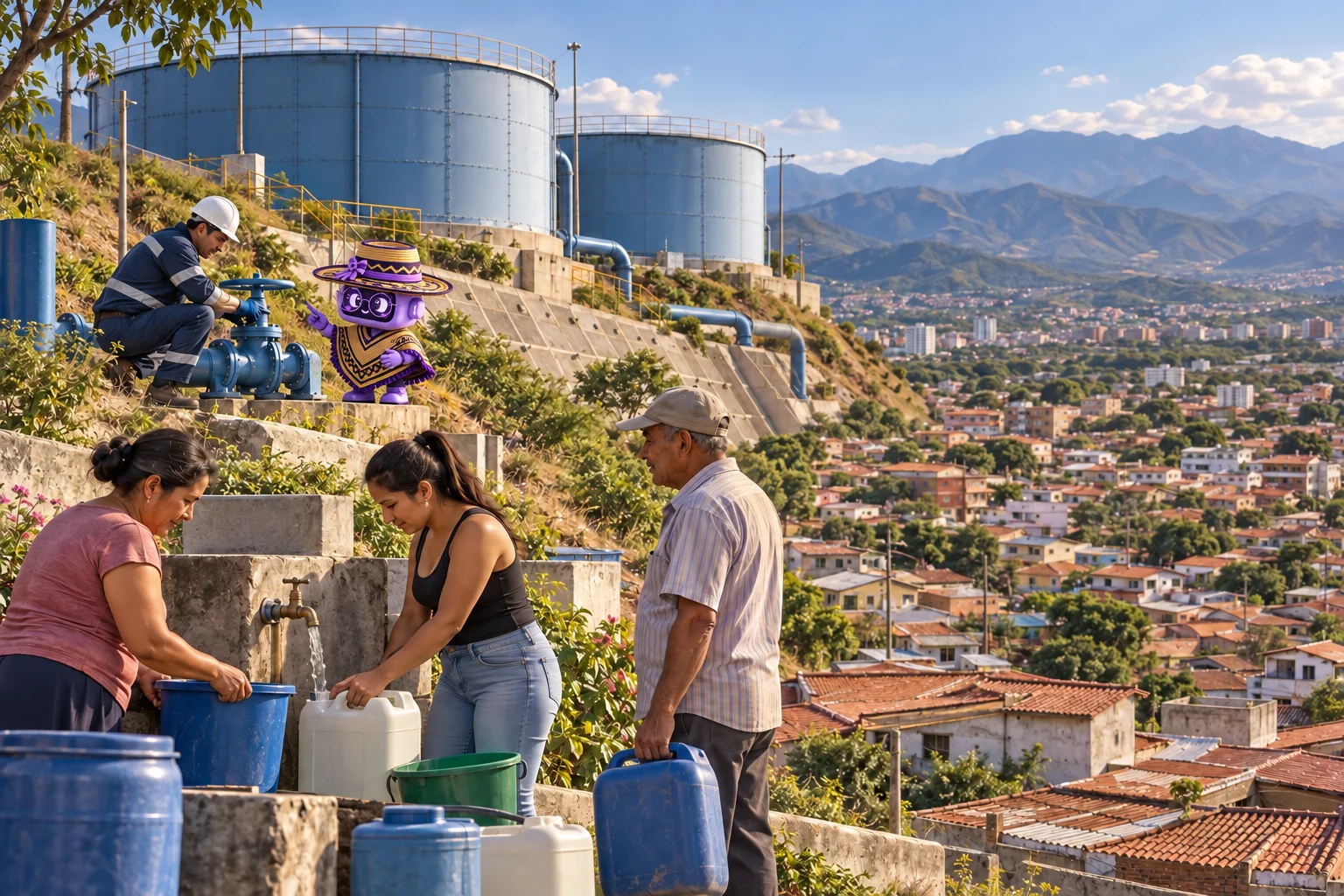 Ilustración de habitantes con recipientes de agua ante tanques de almacenamiento y viviendas de Villa del Rosario y Los Patios, con un operario y Ponchita revisando una válvula.