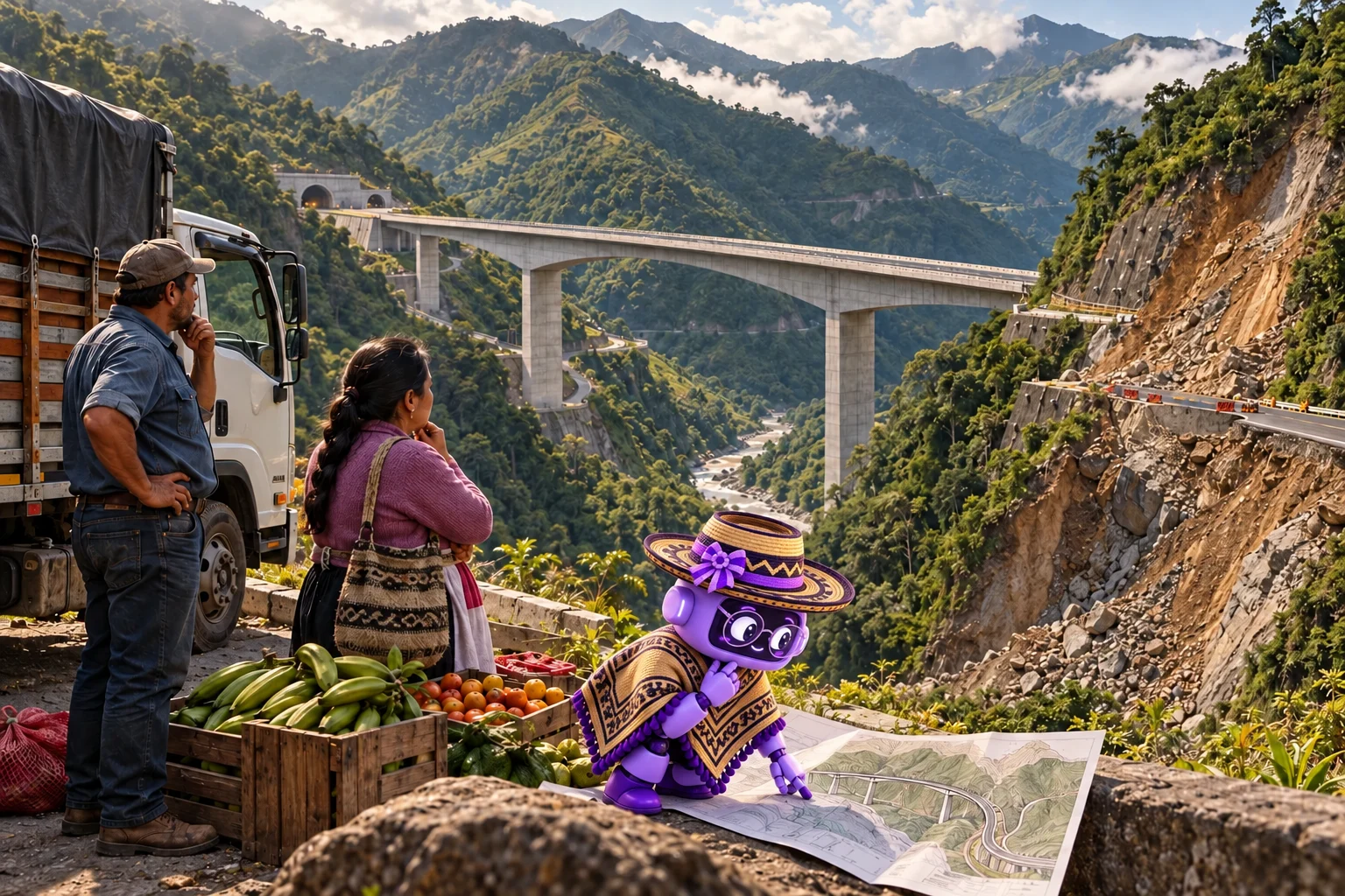 Ilustración de un transportador y una comerciante de productos ante un viaducto y una ladera inestable de la vía Bogotá–Villavicencio, con Ponchita revisando un plano.