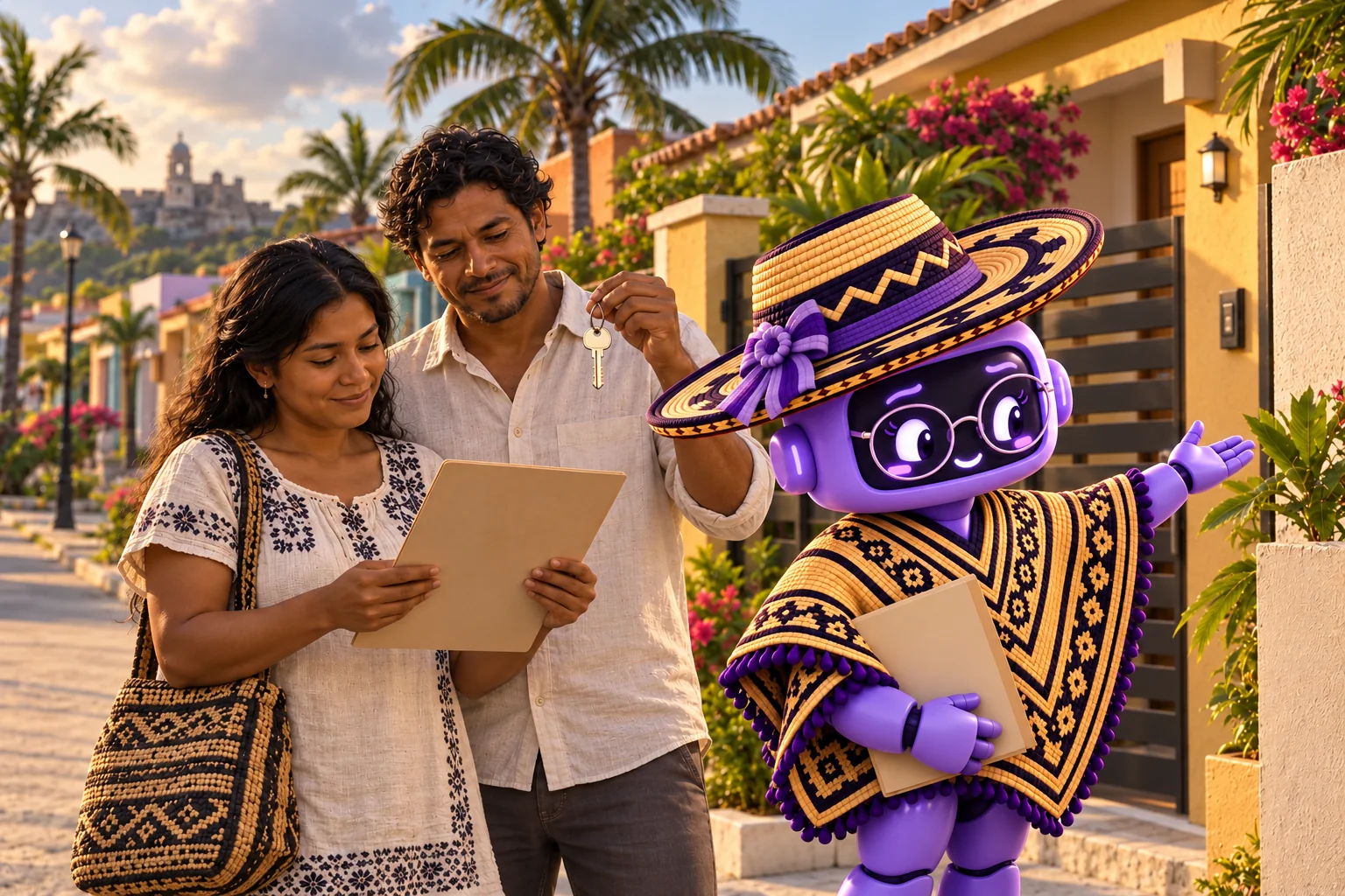 Ilustración de Ponchita con gafas señalando la entrada de una vivienda, junto a una pareja con una llave y documentos.