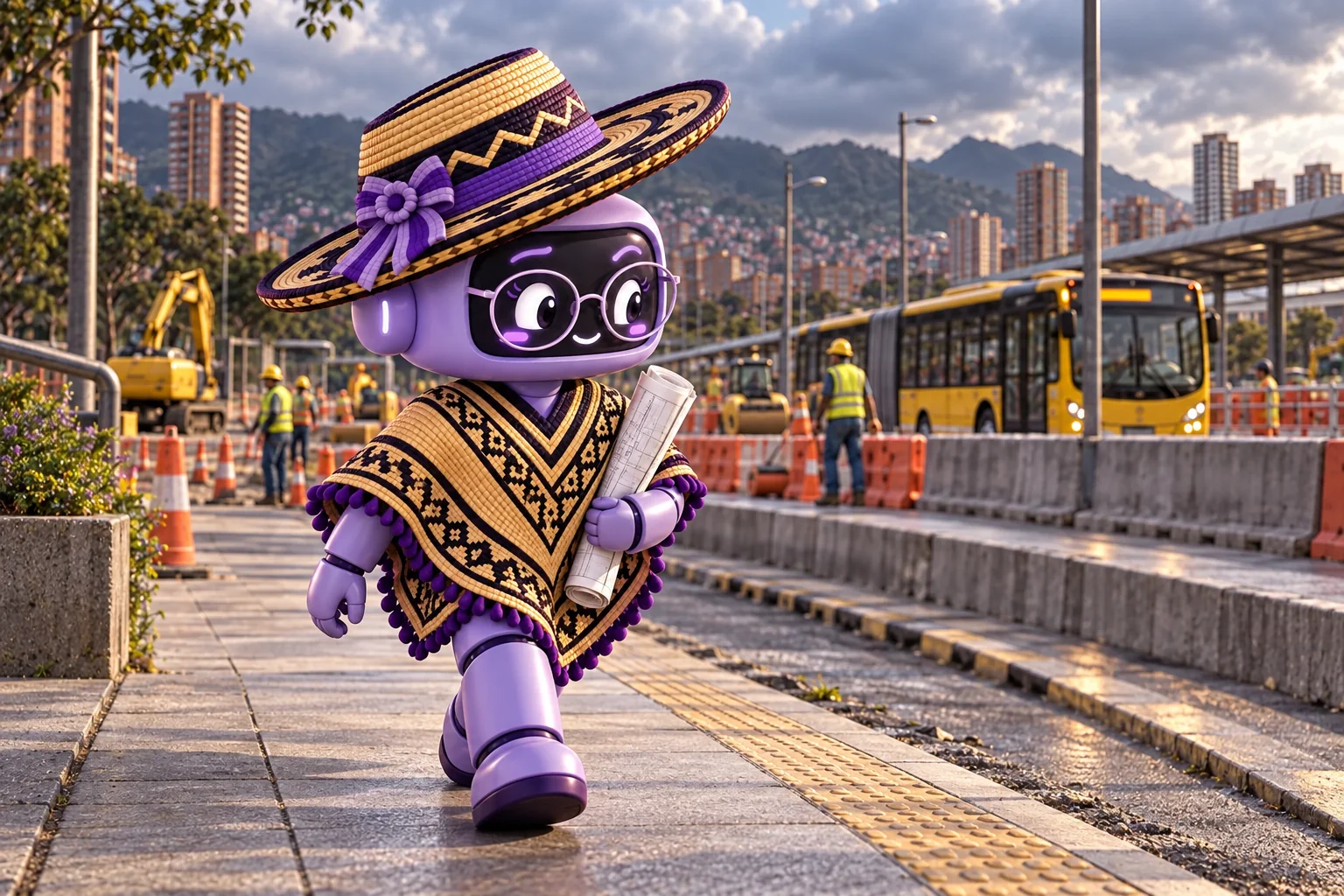 Ilustración de Ponchita con gafas caminando con planos junto a una obra vial y un bus urbano en Bogotá.