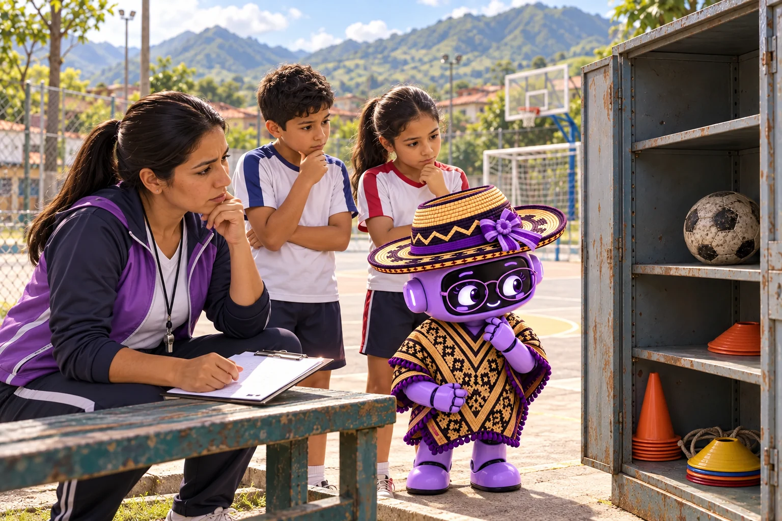 Ilustración de Ponchita con una entrenadora, un niño y una niña junto a una cancha y un armario con pocos implementos deportivos.