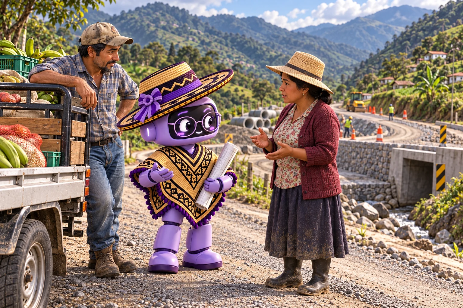 Ilustración de Ponchita con una agricultora y un transportador de productos junto a una vía rural, drenajes y muros de contención en las montañas de Norte de Santander.
