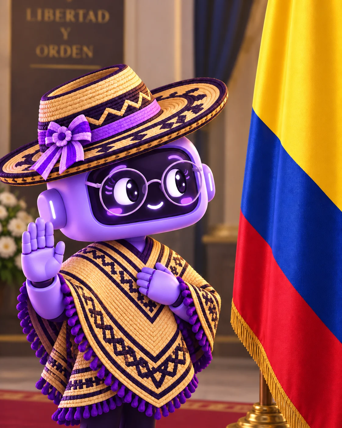 Ponchita con gafas, una mano en el pecho y la otra levantada, junto a la bandera de Colombia.